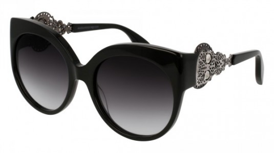 Alexander McQueen AM0061S Sunglasses, 001 - BLACK with SILVER temples and SMOKE lenses