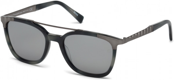 Ermenegildo Zegna EZ0073 Sunglasses, 56C - Shiny Blue Havana, Semi Shiny Dark Ruthenium/ Grey & Silver Mirrored