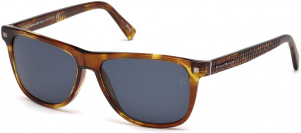 Ermenegildo Zegna EZ0074 Sunglasses, 55V - Shiny Light Brown Havana & Shiny Light Ruthenium/ Blue
