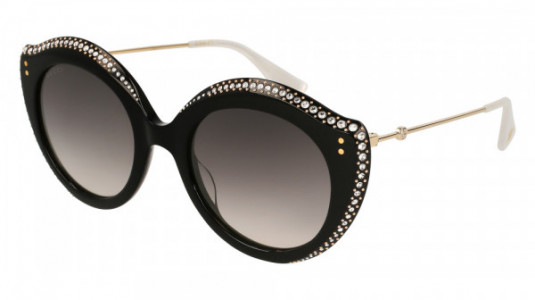 Gucci GG0214S Sunglasses, 001 - BLACK with GOLD temples and GREY lenses