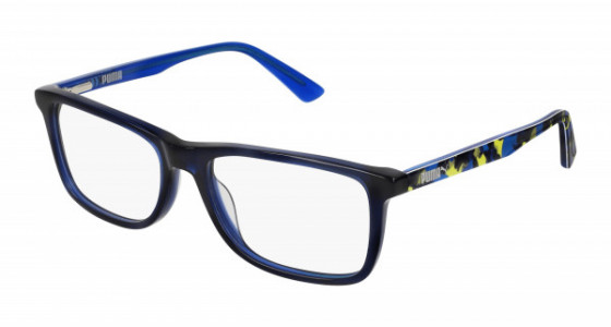 Puma PJ0020O Eyeglasses, 002 - BLUE with MULTICOLOR temples and TRANSPARENT lenses