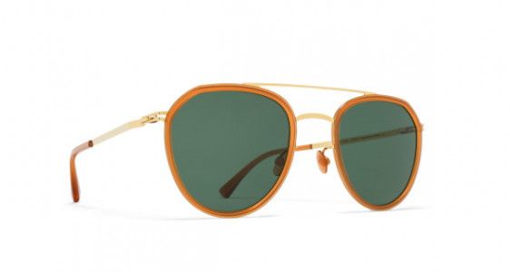 Mykita JARMO Sunglasses, A17 GLOSSY GOLD/DARK AMBER - LENS: DARK GREEN SOLID
