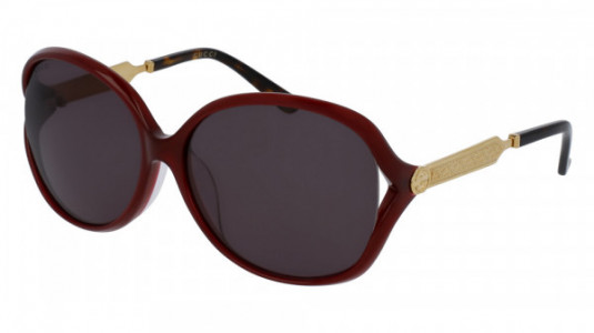 Gucci GG0076SK Sunglasses, BURGUNDY with GOLD temples and GREY lenses