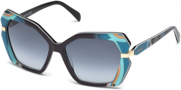 Emilio Pucci EP0063 Sunglasses, 05B - Shiny Black W. Turquoise, Blue, & Orange Print/ Gradient Blue Lenses