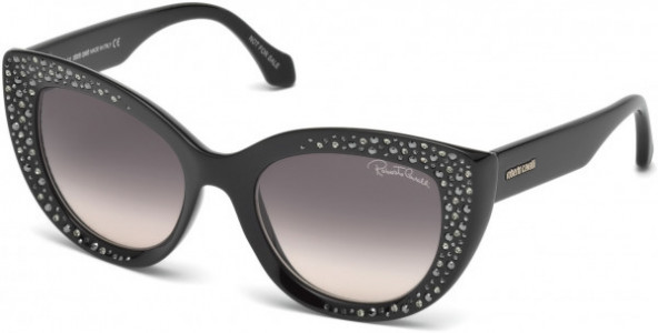 Roberto Cavalli RC1050 Chitignano Sunglasses, 01B - Shiny Black, Multicolor Studs & Crystals/ Gradient Smoke To Peach