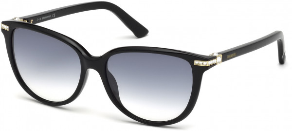 Swarovski SK0077 Edith Sunglasses, 01W - Shiny Black, Shiny Pale Gold, Crystals / Gradient Blue Lenses