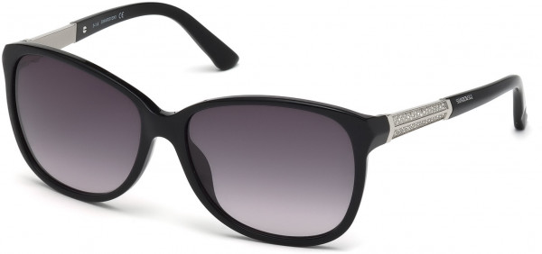 Swarovski SK0083 Evelina Sunglasses, 01B - Shiny Black, Shiny Palladium, Crystals / Gradient Grey Lenses