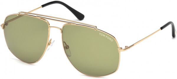 Tom Ford FT0496 Georges Sunglasses, 28N - Shiny Rose Gold Front & Temple, Shiny Black Tip/ Green Lenses