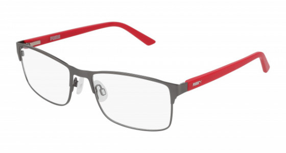 Puma PE0027O Eyeglasses, 005 - GUNMETAL with RED temples and TRANSPARENT lenses