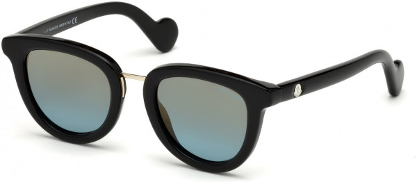 Moncler ML0044 Sunglasses, 01N - Shiny Black, Pale Gold Metal / Light Blue Lenses W. Grad. Gold Flash