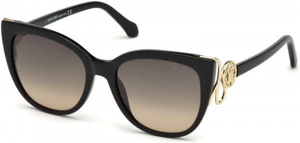 Roberto Cavalli RC1063 Giannutri Sunglasses, 01B - Shiny Black, Shiny Light Gold/ Gradient Smoke To Sand