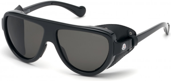 Moncler ML0089 Sunglasses, 01D - Shiny Black, Black Leather Blinkers / Smoke Polarized Lenses