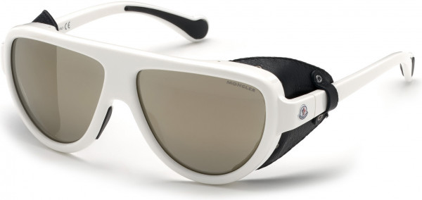 Moncler ML0089 Sunglasses, 21C - Shiny White, Black Leather Blinkers / Smoke Ivory Lenses
