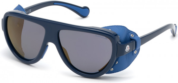 Moncler ML0089 Sunglasses, 90D - Blue, Blue Leather Blinkers / Polarized Smoke W. Blue Mirrored Lenses