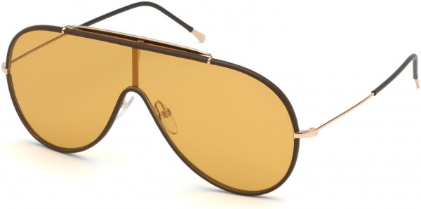 Tom Ford FT0671 Mack Sunglasses, 48E - Shiny Rose Gold W. Brown Leather Rims / Yellow Lenses