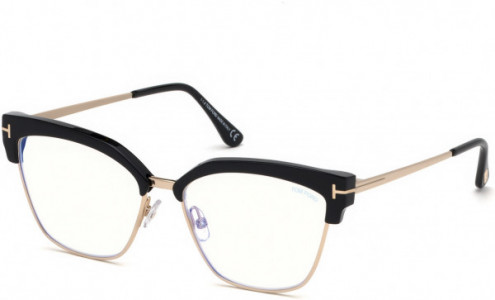 Tom Ford FT5547-B Eyeglasses, 001 - Shiny Black, Shiny Rose Gold / Blue Block Lenses