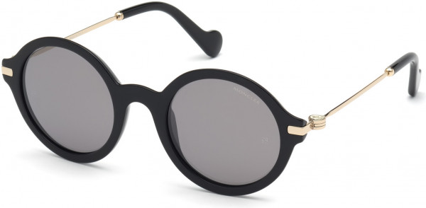 Moncler ML0081 Sunglasses, 01A - Shiny Black, Shiny Pale Gold / Smoke Flash Lenses