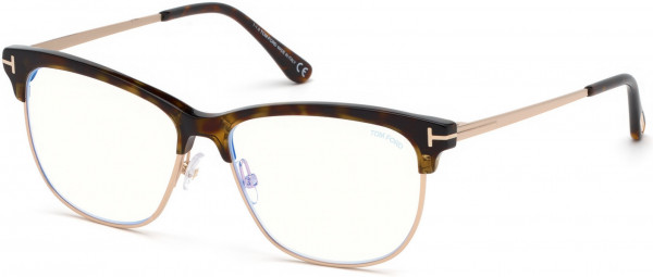 Tom Ford FT5546-B Eyeglasses, 052 - Shiny Dark Havana, Shiny Rose Gold / Blue Block Lenses