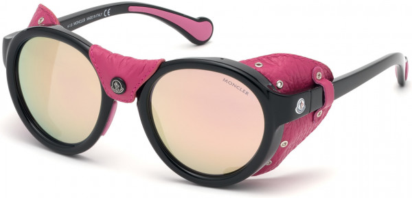 Moncler ML0046 Ml0046 Injected Sung Sunglasses, 01C - Shiny Black, Pink Leather / Smoke W. Pink Mirrored Lenses