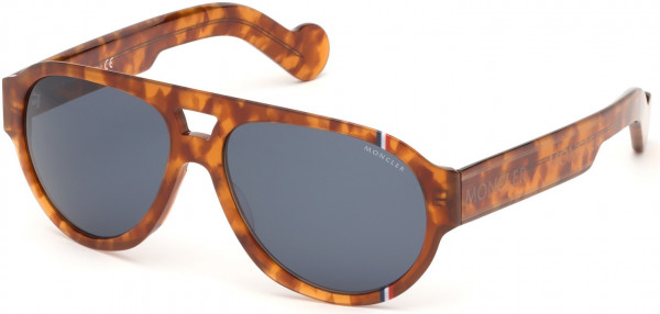 Moncler ML0095 Sunglasses, 56V - Shiny Medium Havana W. Blue & Red Detail / Blue Lenses