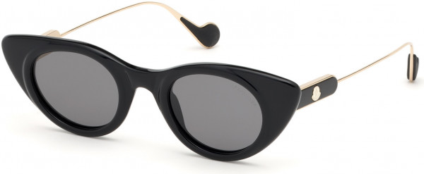 Moncler ML0102 Sunglasses, 01A - Shiny Black, Pale Gold Metal / Smoke Lenses
