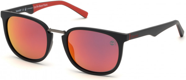 Timberland TB9175 Sunglasses, 02D - Matte Black Front, Red Perforated Rubber Temples / Red Mirror Lenses
