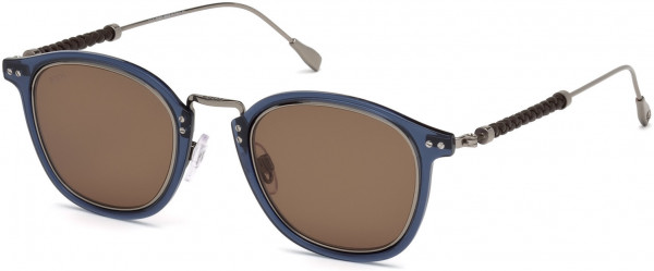Tod's TO0218 Sunglasses, 90E - Shiny Dark Ruthenium, Shiny Transp. Blue Rims, Brown Leather/ Brown