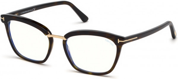 Tom Ford FT5550-F-B Eyeglasses, 052 - Shiny Dark Havana, Rose Gold Details/ Blue Block Lenses