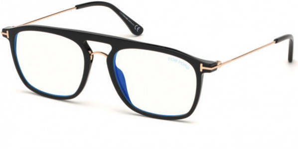 Tom Ford FT5588-B Eyeglasses, 001 - Shiny Black, Shiny Rose Gold / Blue Block Lenses