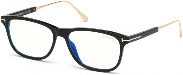 Tom Ford FT5589-B Eyeglasses, 001 - Black, Shiny Rose Gold / Blue Block Lenses