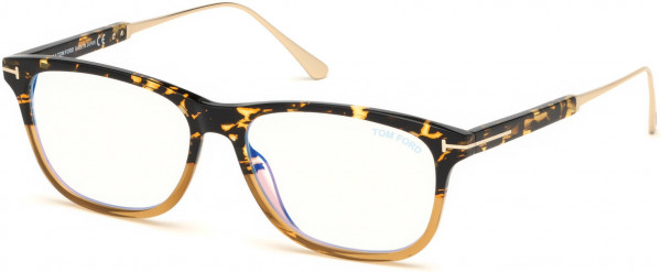Tom Ford FT5589-B Eyeglasses, 056 - Vintage Havana & Amber, Vintage Havana, Rose Gold / Blue Block Lenses