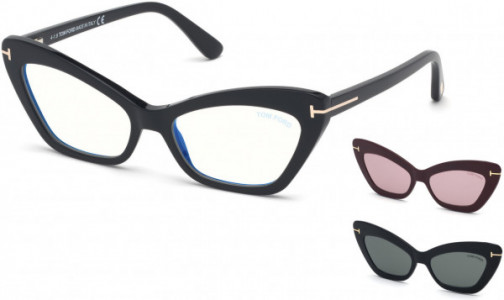 Tom Ford FT5643-B Eyeglasses, 001 - Black, Blue Block/ Clips: Black & Smoke Green, Burgundy & Silver Flash