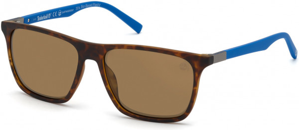 Timberland TB9198 Sunglasses, 52H - Matte Havana Front With Blue Rubber Temples, Brown Mirror Lenses