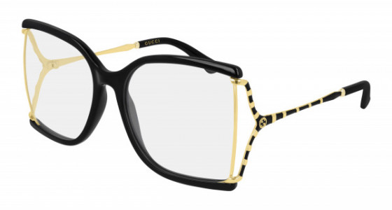 Gucci GG0592O Eyeglasses, 001 - BLACK with GOLD temples and TRANSPARENT lenses