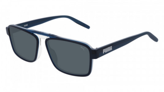 Puma PU0251S Sunglasses, 002 - GREY with BLUE temples and SMOKE lenses