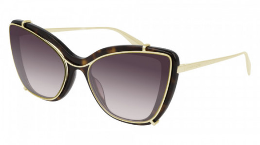 Alexander McQueen AM0261S Sunglasses, 002 - HAVANA with GOLD temples and VIOLET lenses