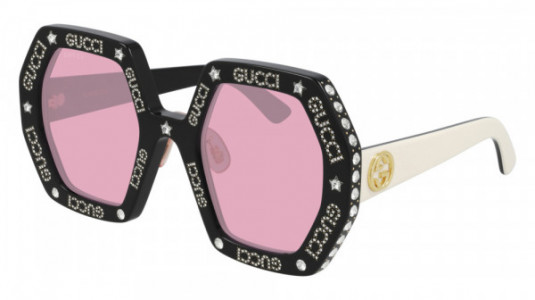 Gucci GG0772S Sunglasses, 012 - BLACK with IVORY temples and PINK lenses