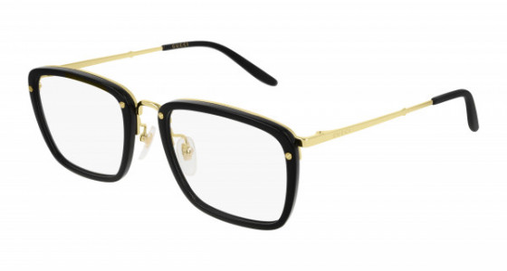 Gucci GG0676O Eyeglasses, 001 - BLACK with GOLD temples and TRANSPARENT lenses