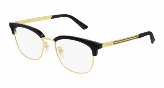 Gucci GG0698OA Eyeglasses, 002 - BLACK with GOLD temples and TRANSPARENT lenses