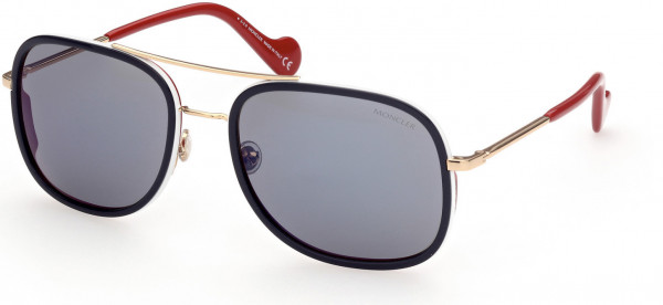 Moncler ML0145 Sunglasses, 92C - White & Gold W. Red Tips/ Smoke Lenses W. Blue Flash