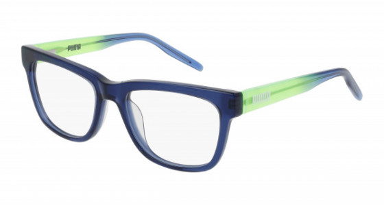 Puma PJ0044O Eyeglasses, 004 - BLUE with GREEN temples and TRANSPARENT lenses