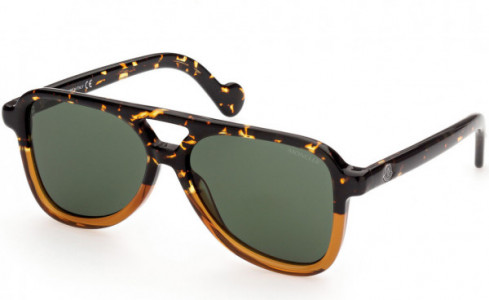 Moncler ML0140 Sunglasses, 56N - Havana & Transp. Honey Front, Dk. Crackle Havana Temples/ Green Lenses