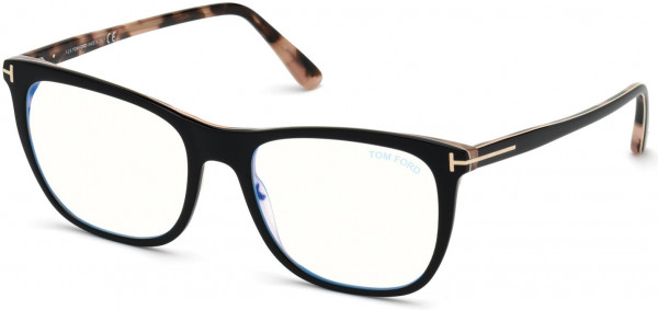 Tom Ford FT5672-B Eyeglasses, 005 - Shiny Black, Nude, & Vintage Pink Havana/ Blue Block Lenses