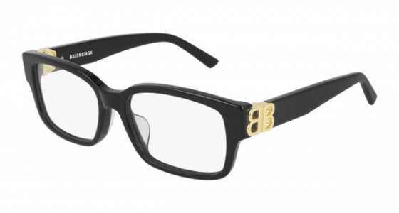 Balenciaga BB0105O Eyeglasses, 001 - BLACK with GOLD temples and TRANSPARENT lenses
