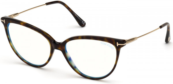 Tom Ford FT5688-B Eyeglasses, 052 - Shiny Classic Dark Havana, Shiny Rose Gold / Blue Block Lenses