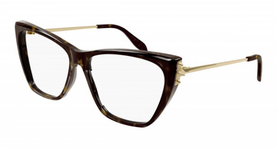 Alexander McQueen AM0341O Eyeglasses, 002 - HAVANA with GOLD temples and TRANSPARENT lenses