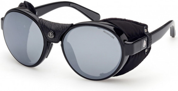 Moncler ML0205 Steradian Sunglasses, 05D - Shiny Black W. Black Leather Blinders / Polarized Smoke Lenses