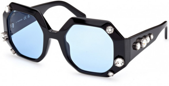 Swarovski SK0375 Sunglasses, 01V - Shiny Black  / Blue