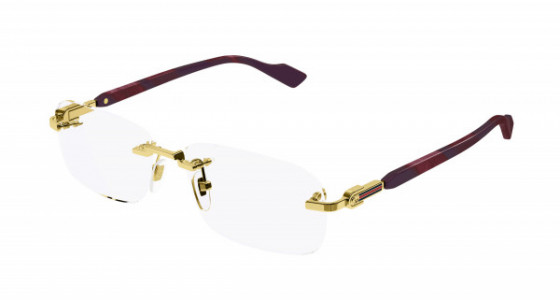 Gucci GG1221O Eyeglasses, 003 - GOLD with BURGUNDY temples and TRANSPARENT lenses