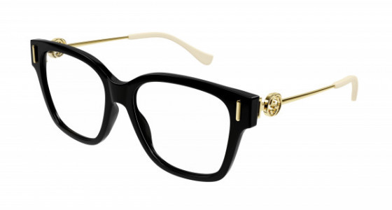 Gucci GG1204O Eyeglasses, 001 - BLACK with GOLD temples and TRANSPARENT lenses
